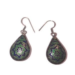 𝅺vtg Sterling Silver Floral Cloisonné Tear Drop Pear Shaped Dangle Earrings 1.9”